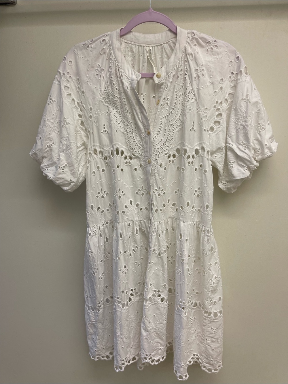 ANTHROPOLOGIE White Floral Embroidered Eyelet Voluminous Puff Sleeve Dress S
